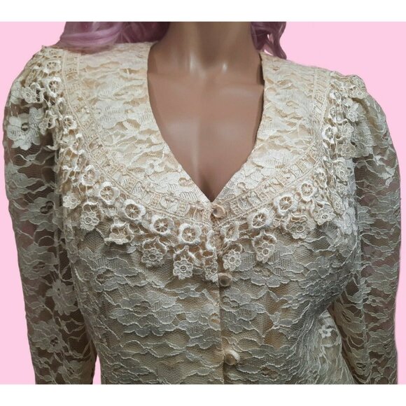 Vintage 80s Cream Lace Sailor Collar Blouse Size M Victorian Romantic Cottage - Picture 2 of 7
